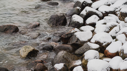 Snow Covers Rocks Along the Shoreline While Water Gently Laps at the Stones in a Tranquil Winter Setting
