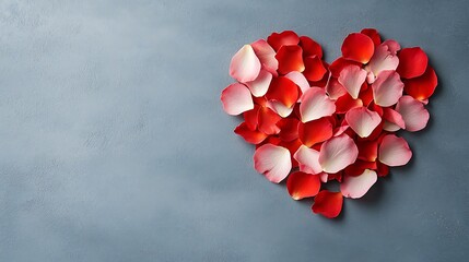 Elegant heart shaped arrangement of vibrant red and delicate pink flower petals set against a soft muted colored backdrop for a premium design concept