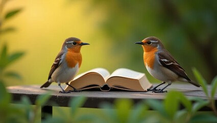 Two vibrant orange chest European robins perched near open book on wooden table natural garden background peaceful learning reading concept educational nature scene