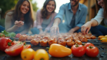 Plant-based meat Spend With Pennies Eating for mental health dashpass Carnivore diet Sustainable hospitality NotCo Redefine Grubtech Heura foods Group of smiling diverse friends grilling and vegetabl