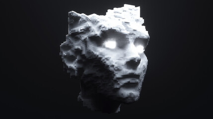 Digital block formation face with radiant eyes, tilted slightly, exuding intelligence and futuristic design, perfect for AI, technology, or innovation-themed concepts