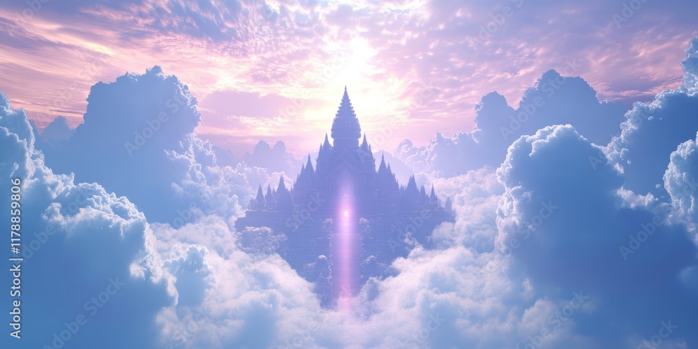 Poster enchanting fantasy castle floating among clouds, illuminated by ethereal light, creating a dreamy an