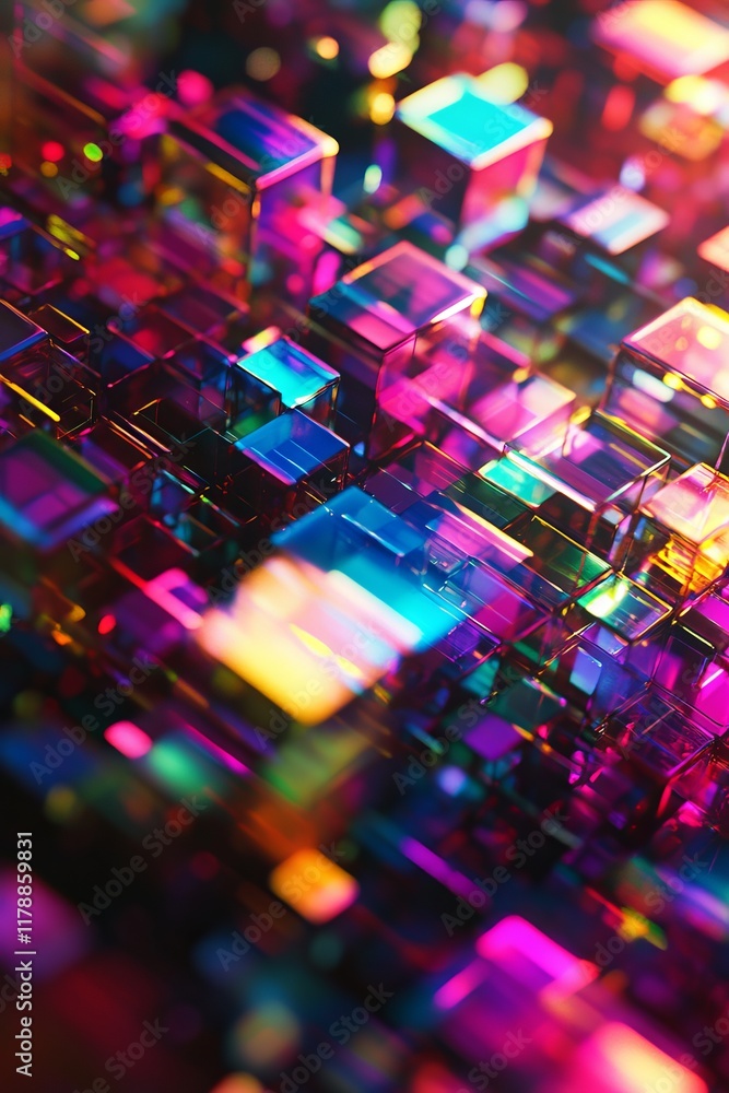 Poster a dynamic and colorful abstract image featuring glass cubes illuminated by neon lights, creating a f