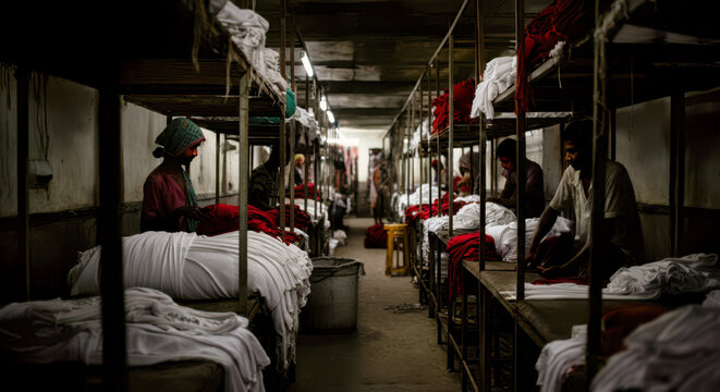 forced labor miserable bunker beds accommodation for the workers in Bangladesh, dramatic, NGO charity volunteers fighting human trafficking