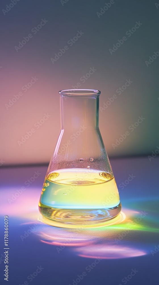 Aufkleber a laboratory flask filled with a glowing liquid, casting colorful reflections on a gradient backgrou
