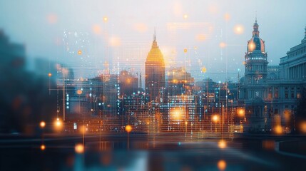 Fototapeta premium Futuristic urban development in a glowing city skyline under construction gigapixel visuals modern architecture evening atmosphere aerial view innovation and progress