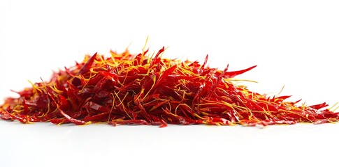 Fototapeta premium Close-up of a pile of dried saffron threads on a white background.
