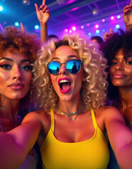Fototapeta premium group selfie at a party bright colorful lights and sunglasses
