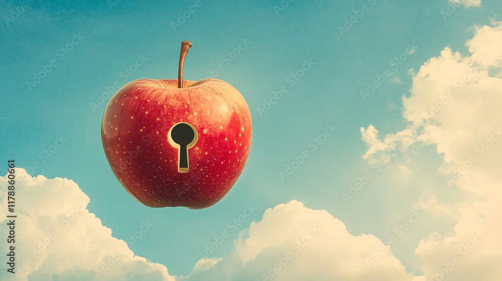 Aufkleber a surreal image of an apple with a keyhole floating in a blue sky, symbolizing imagination and creat