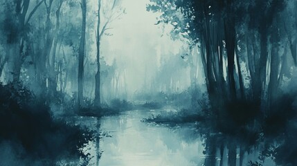 This misty landscape features tranquil waters reflecting the serene forest. The ethereal blue tones create a calm atmosphere, perfect for nature lovers.