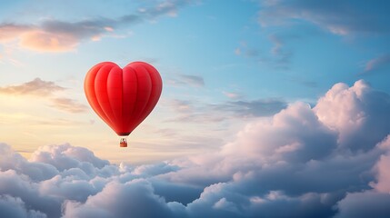Obraz premium Heart shaped hot air balloon gracefully drifts through the tranquil cloud filled evening sky creating a magical and romantic scenic landscape
