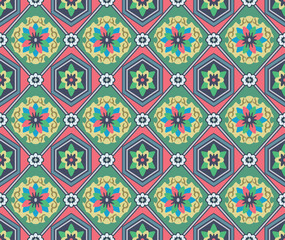 Japanese Colorful Flower Diamond Tile Vector Seamless Pattern