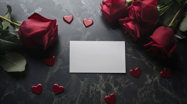 A white card with a red heart on it is placed on a table with red roses