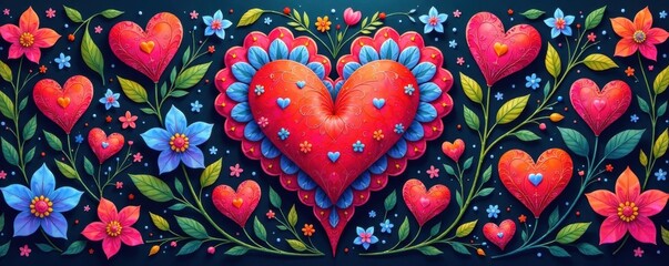 Fototapeta premium Intricate floral design, colorful hearts intertwined, delicate, abstract