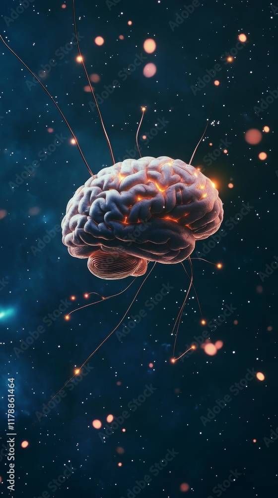 Poster a brain with a bunch of wires coming out of it. the wires are glowing. the brain is floating in spac