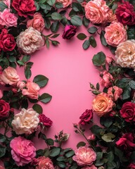 A pink background with a flower arrangement of red roses and pink flowers