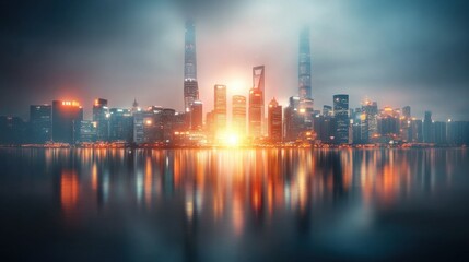 Fototapeta premium Dynamic financial hub shanghai urban cityscape photography evening glow reflective waters futuristic vision of prosperity