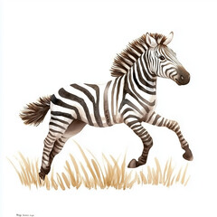 Fototapeta premium Illustration of the Plains Zebra running towards through savannah, soft watercolor tones, white background, detailed illustration, cartoonish.