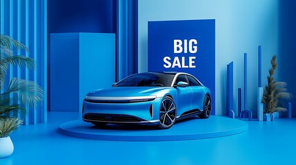 Blue electric car sale ad; studio shot.