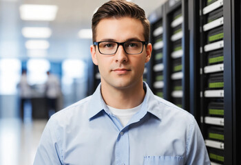 Obraz premium Portrait of an american IT engineer with blurred server background and copyspace