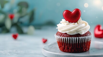 Luxurious red velvet cupcake with a heart shaped topper perfect for a romantic special occasion or The soft velvety cupcake is topped with creamy indulgent frosting