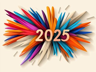 A vibrant design featuring the year "2025" surrounded by colorful, spiky shapes in various hues.