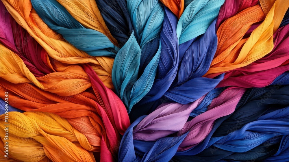 Poster a vibrant array of colorful, intertwined fabrics, showcasing various hues and textures, creating a v