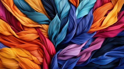 A vibrant array of colorful, intertwined fabrics, showcasing various hues and textures, creating a visually appealing tapestry.