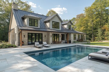 Spacious backyard with pool and lounge chairs, white marble pavers, stone walls in modern farmhouse style at large home in West Virginia