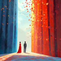 "Red and Blue Portal Scene"
"Abstract Pathways Art"
"Vivid Path in Colors"
"Colorful Gateway Illusion"
"Fantasy Abstract Corridor"
"Walking Through Portals"