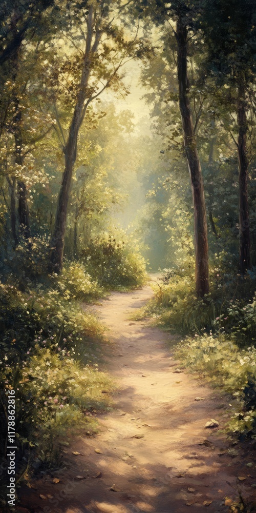 Poster a peaceful forest path illuminated by warm sunlight, surrounded by lush trees and greenery, creating