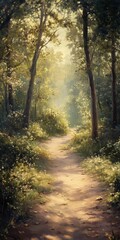 Obraz premium A peaceful forest path illuminated by warm sunlight, surrounded by lush trees and greenery, creating a tranquil and inviting atmosphere.