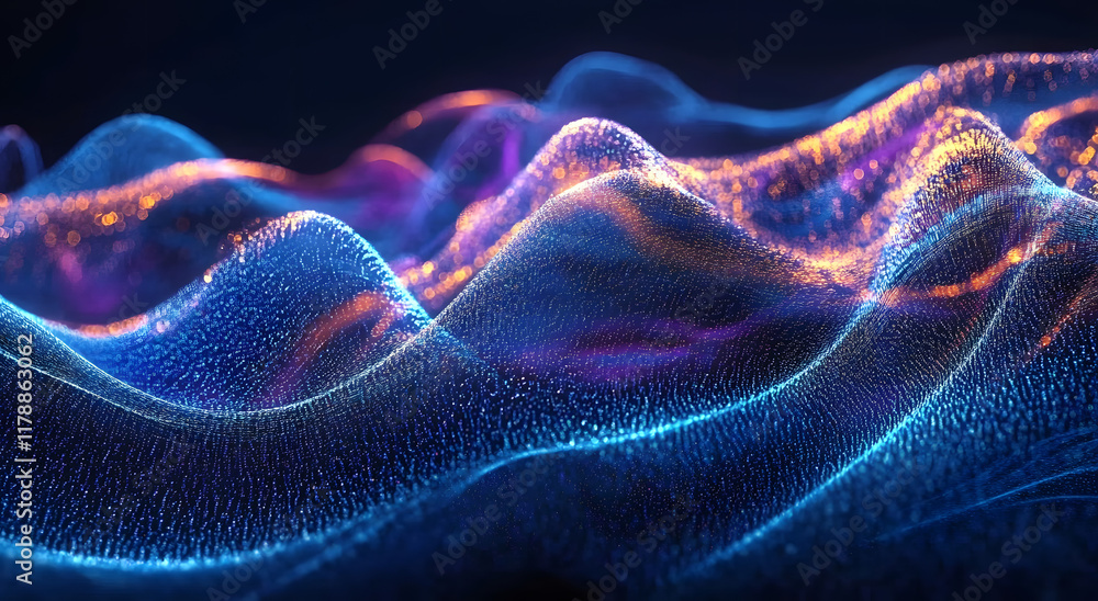 Poster blue light particles and wave glitters in a 3d abstract digital technology stock image.