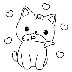 A little cat is enjoying favorite food, easy coloring for kids, vector, illustration