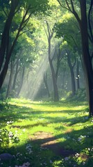 Fototapeta premium A peaceful forest scene with sunlight filtering through trees, illuminating a lush green path.