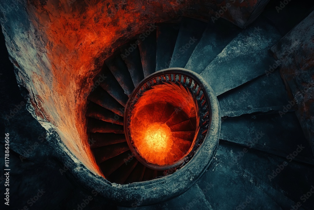 Poster a captivating image of a spiraling staircase illuminated by a warm orange glow. the textured walls a