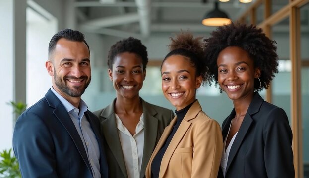 People from different groups smiling, diverse interracial business team working together. Multiethnic office workers startup crew photo smiling happily. Good job, successful project and business partn