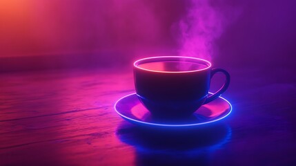 Fototapeta premium Steaming Coffee Cup Neon Glow Dark Wood Table