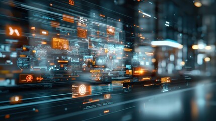 Digital interface displaying flashing alerts in a tech hub abstract visualization urban environment futuristic viewpoint cybersecurity concept