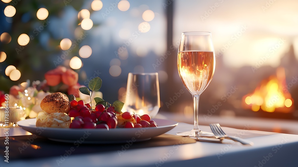 Aufkleber Cozy and intimate candlelit dinner setting showcasing a table adorned with an array of delectable wine grapes and cheese all set against the warm glow of a crackling fireplace