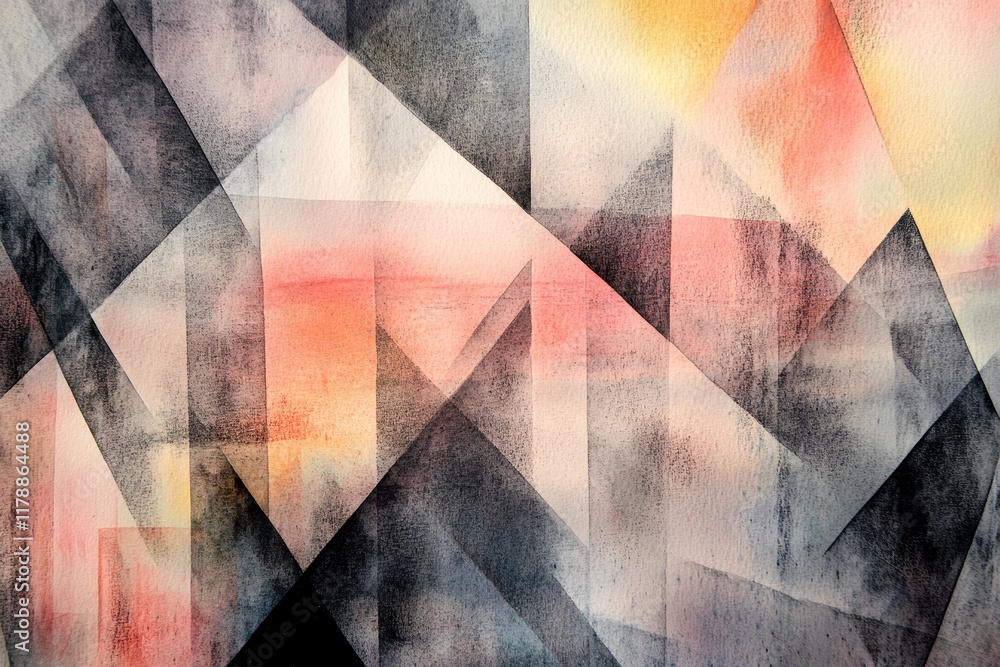 Poster abstract watercolor art featuring geometric shapes in pastel hues, creating a modern and dynamic vis