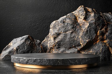 Elegant round podium with dark gray rock and metallic accents