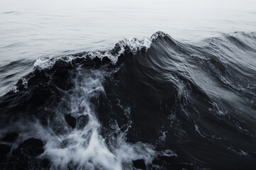 A striking black and white photograph of a powerful ocean wave, showcasing the dynamic movement and texture of the sea.