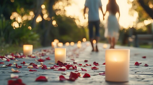 Romantic pathway lined with a trail of rose petals and glowing candles in a serene garden setting creating a warm and intimate atmosphere for a special occasion or date night