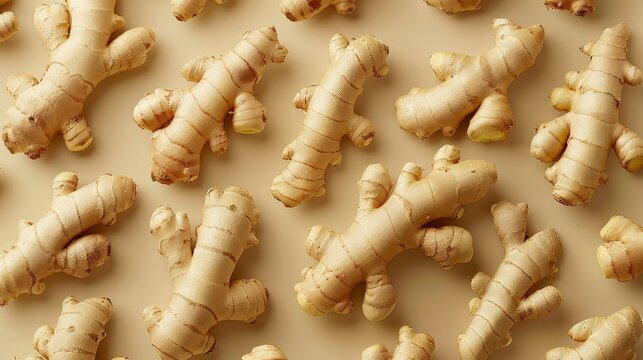Fresh ginger root on a yellow background. Top view. Flat lay.