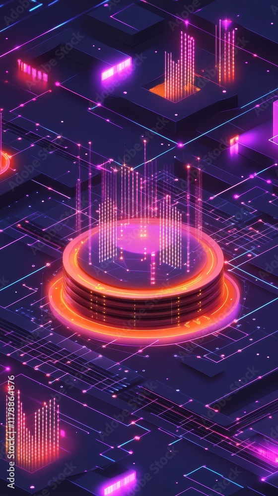 Poster isometric abstract digital network illustration featuring vibrant data visualization and colorful gr