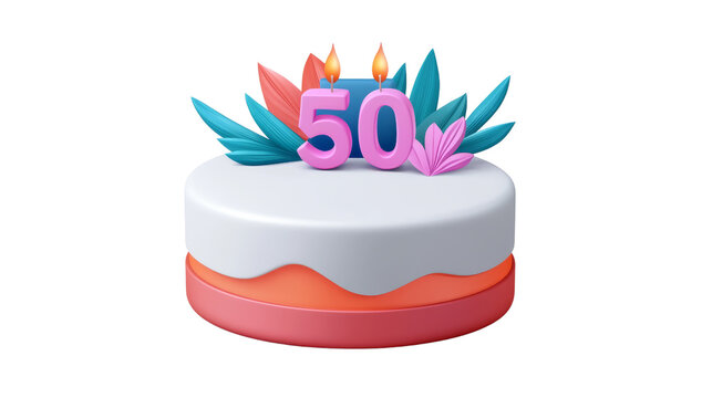 birthday cake concept. Colorful 50th birthday cake with candles and decorative leaves.