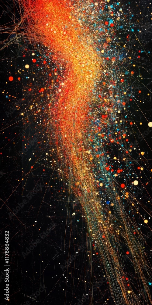 Poster abstract digital network artwork with splashes of color in a dark space for modern design and creati