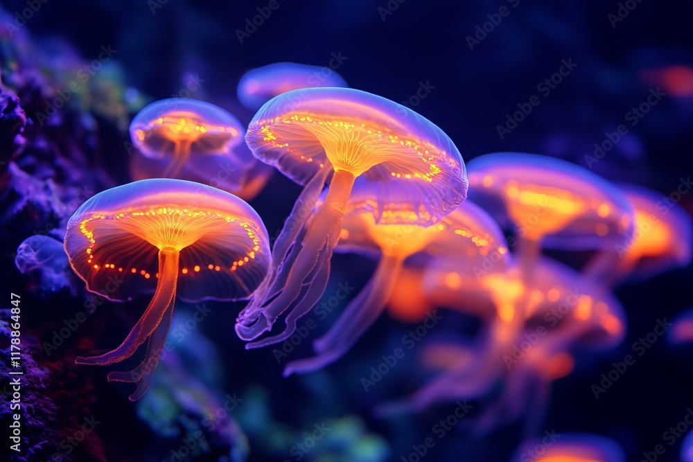 Poster a group of glowing jellyfish are floating in the water. they are all different sizes and colors
