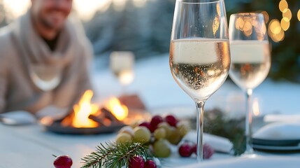 Cozy and Intimate Romantic Winter Dinner Setting with a Snowy Patio Flickering Firelight and Elegant Table Decor for a Special Occasion or